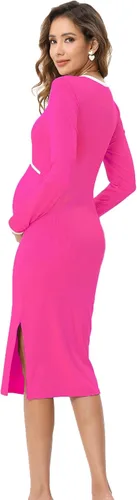 Miniatura 5 de FUNJULY Vestido de maternidad de manga larga para mujer, estilo casual, cuello redondo, recortado, de punto acanalado, ajustado, vestido de tubo