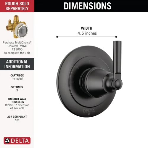 Miniatura 2 de Delta Faucet Saylor T11835-BL - Kit de moldura desviadora de mango de ducha de 3 ajustes, kit de moldura de válvula desviadora, color negro mate