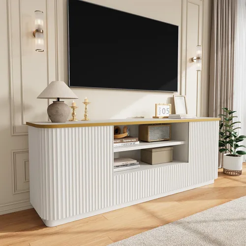 Miniatura 2 de QUW Soporte de TV acanalado de 70 pulgadas para televisores de hasta 80 pulgadas, moderno centro de entretenimiento con 2 cajones y gabinetes, Blanco