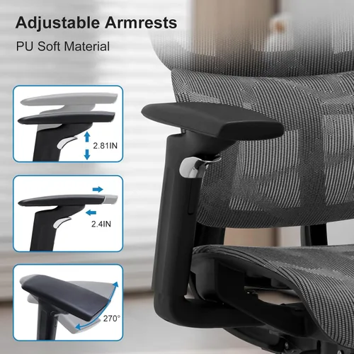 Miniatura 5 de Silla de oficina ergonómica, silla de escritorio de malla con respaldo alto y respaldo ajustable y cojín lumbar y ancho, silla de trabajo grande