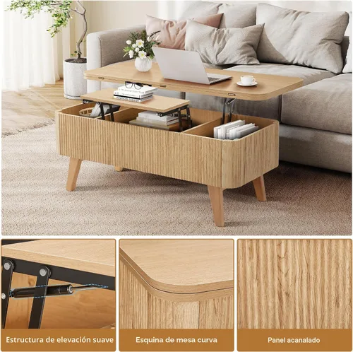 Miniatura 6 de Mesa de centro 3 en 1 con tapa elevable, mesas de centro convertibles acanaladas que se convierten en mesas de comedor, moderna mesa central