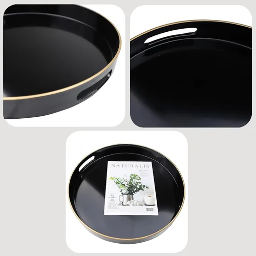 Miniatura 5 de Bandeja decorativa redonda negra con asas, bandeja versátil de 13 pulgadas para mesa de café, otomana, ideal para servir, exhibir y organizar