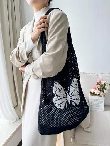 Miniatura 6 de ENBEI Bolsas bohemias, bolsa de punto de hombro, bolsa de mano Y2K estética, bolso de ganchillo lindo para mujeres, regalos hippie Caqui con seis