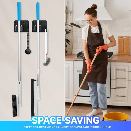 Miniatura 9 de JAMEND CLXP Paquete de 2 soportes para escobas con ganchos resistentes, colgador de fregona de acero inoxidable mejorado. Estante de herramientas