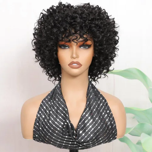 Miniatura 12 de Peluca rizada corta con flequillo peluca sintética afroamericana para mujeres negras, fibra sintética de alta temperatura, pelucas rizadas