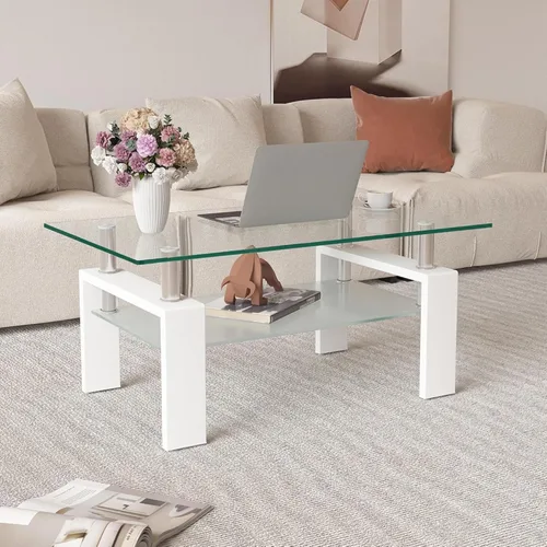 Miniatura 3 de Mesa de café de cristal para sala de estar, mesa de café moderna con tapa de vidrio templado transparente y patas de metal blanco, mesa de té