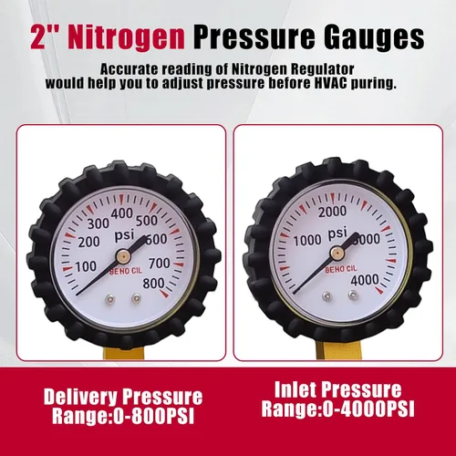 Miniatura 5 de Regulador de nitrógeno, medidor de nitrógeno HVAC con manguera de 60 pulgadas, equipo de presión de suministro de 0-800 PSI Medidores de conexión