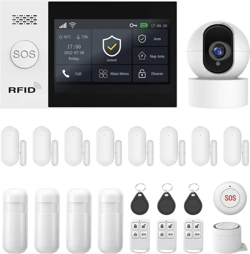 PGST Sistema de alarma inalámbrico para el hogar con cámara de seguridad HD, sensores de alarma de puerta expandibles para bricolaje, alertas