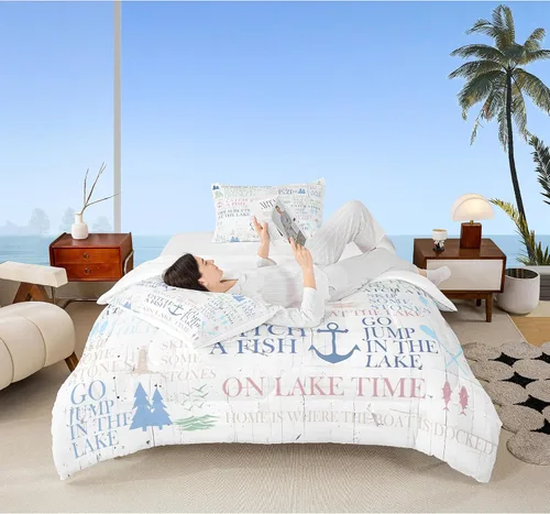 Juego de edredón Lake House tamaño Twin, juego de ropa de cama náutica de navegación con ancla de 2 piezas para decoración de habitación de niños,