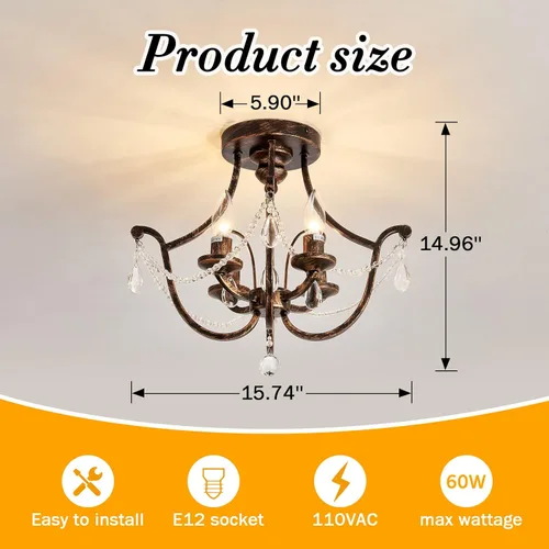 Miniatura 2 de UOFUS Candelabro de Cristal Vintage Semi Empotrado en Bronce Frotado con Aceite de 4 Luces, Lámpara de Techo de Metal Pequeña, Luminaria de Techo