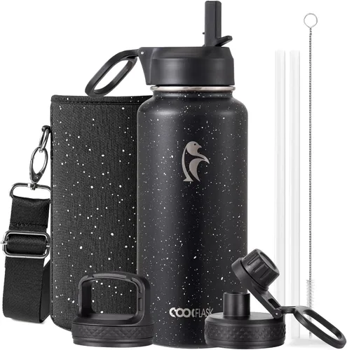 Miniatura 17 de Coolflask Botella de agua de 20 onzas aislada con pajilla, 3 tapas de metal de acero inoxidable, botella de agua de boca ancha para deportes u