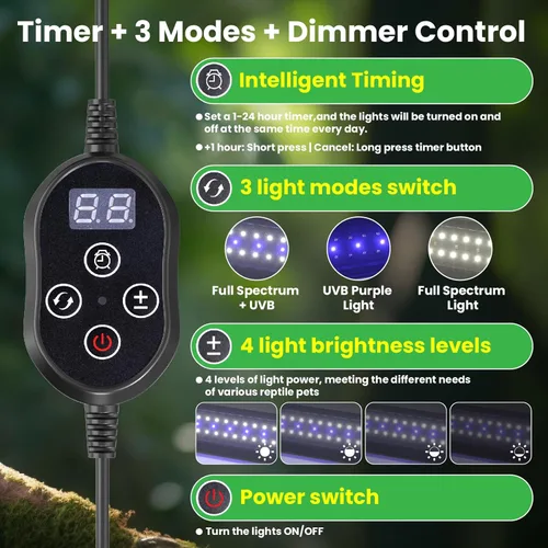 Miniatura 4 de GlowUp Luz LED UVB de 12 pulgadas de atenuación de 10 W para reptiles, UVB 20.0/10.0/5.0/luz morada, 3 modos de luz, temporizador, lámpara de reptil