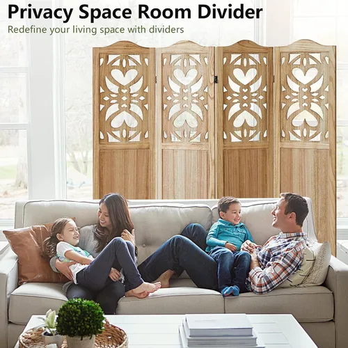 Miniatura 3 de Divisor de habitación de 4 paneles de madera tallada de 5.6 pies de alto, pantalla de privacidad plegable con bisagras dobles, divisor de división