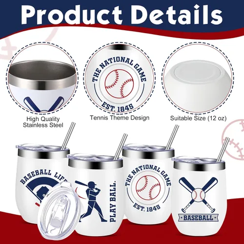 Miniatura 3 de Mifoci 4 vasos de béisbol de 12 onzas con aislamiento térmico de acero inoxidable con popote y tapa, taza de café de viaje para mujeres, hombres