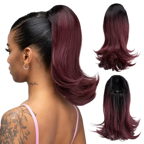 Miniatura 12 de Extensión de cabello corto negro con cordón para mujeres negras, cola de caballo recta de 14 pulgadas con rizos finales, postizos sintéticos