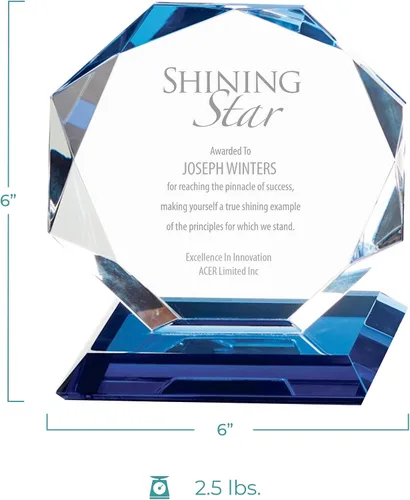 Miniatura 3 de Baudville Grabado personalizado, trofeo octágono luminoso resaltado azul, premio de cristal, grabado personalizado de hasta tres líneas y selección