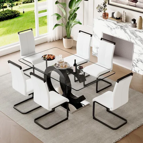 Miniatura 46 de gopop Mesa de comedor de cristal de 63 pulgadas, mesa de cocina moderna, mesa de comedor de vidrio transparente con patas de diseño único negro