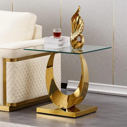 Miniatura 19 de Mesa de centro de cristal de lujo, mesa de centro de sofá de 47 pulgadas con marco de acero inoxidable dorado y parte superior de vidrio negro, mesa