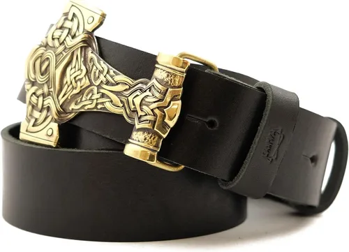 Miniatura 3 de Leather belt with Thor Hammer buckle, Scandinavian Old Norse Viking Mjolnir solid brass belt buckle on 1.5" or 1.8" leather strap