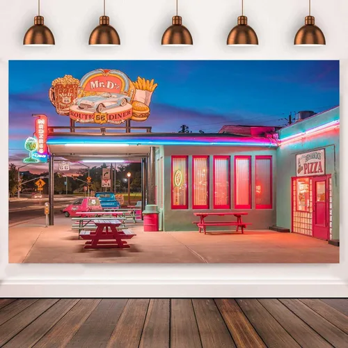 Miniatura 9 de Telón de fondo retro para restaurante de 10 x 7 pies, ruta 66, tienda de conveniencia, luces de neón de calle, fondo nostálgico, de los años 50