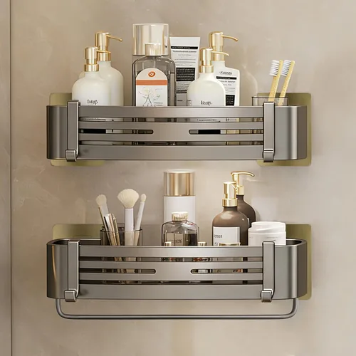 Miniatura 11 de Organizador de ducha esquinero, estantes de ducha adhesivos sin perforaciones con ganchos, organizador de ducha extraíble impermeable y resistente