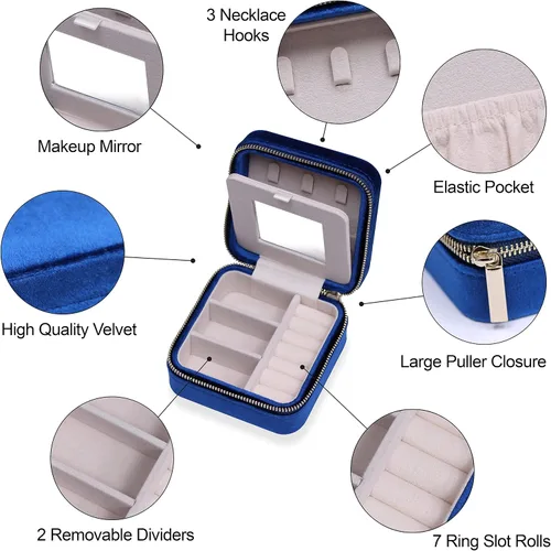 Miniatura 42 de BLUTETE Joyero de viaje organizador de terciopelo con anillos de espejo, aretes, collares, caja organizadora de almacenamiento (negro)