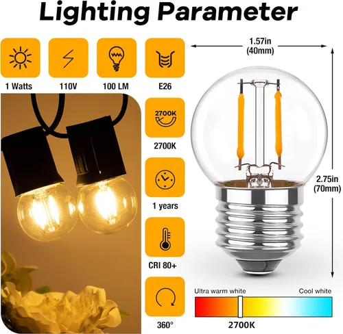 Miniatura 3 de E26 Bombillas de luz baja, bombillas LED G40 Edison pequeñas de 1 W, iguales a 10 W de bombillas incandescentes, 2700 K, luz blanca cálida