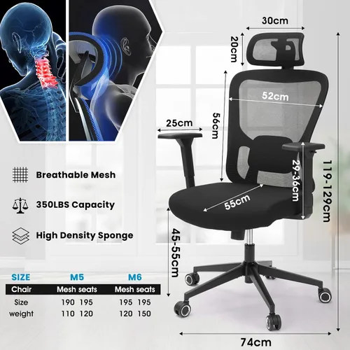 Miniatura 3 de Silla ergonómica de oficina de escritorio, silla de computadora de respaldo alto con reposabrazos giratorios 3D ajustables para mayor comodidad