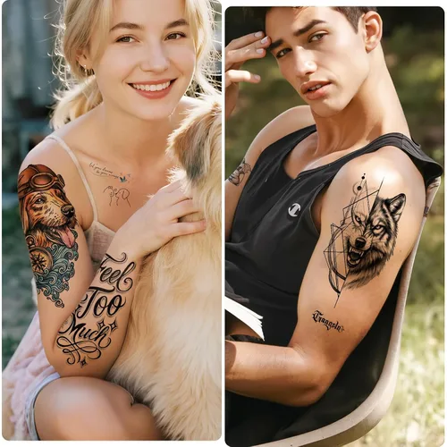 Miniatura 5 de 77 hojas de tatuajes temporales, 17 hojas de tatuajes de medio brazo de gatos, perros, conejos, leones y elefantes lindos para hombres, mujeres