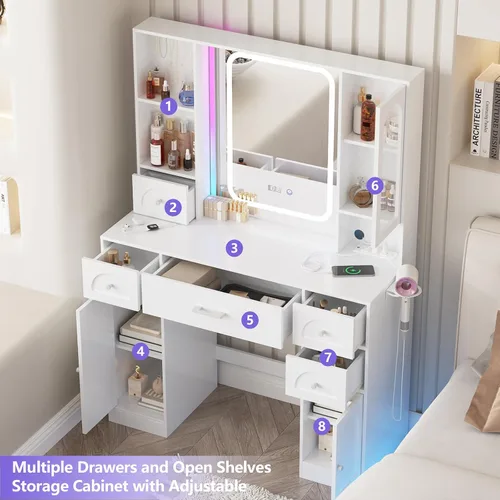 Miniatura 2 de Fameill Tocador Blanco con Espejo, Tocador de Maquillaje con Luces RGB y Regleta de Enchufes, Mesa Tocador de Maquillaje con 5 Cajones Mucho