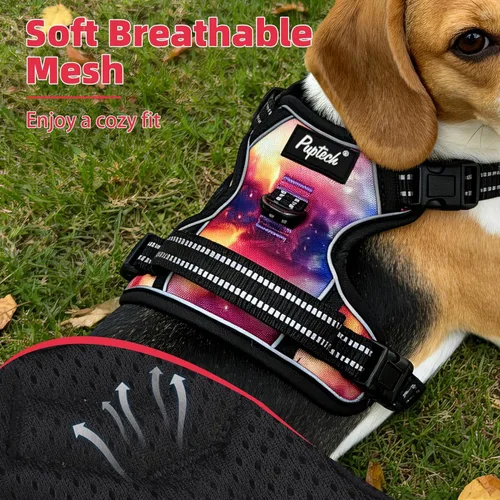 Miniatura 4 de PUPTECK Arnés táctico sin tirones para perro, tamaño mediano, arnés reflectante ajustable con asa para perro, de fácil control, cómodo y suave