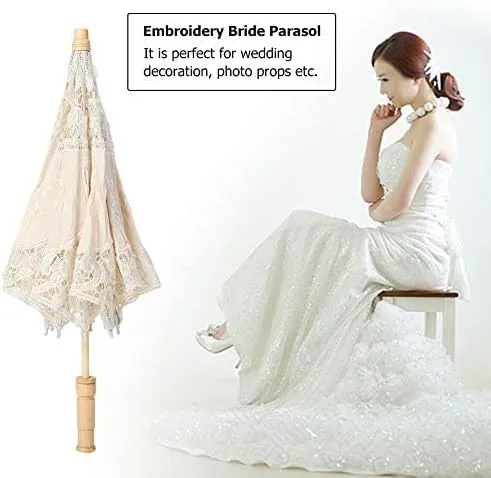 Miniatura 9 de Zerodis Sombrilla de encaje, tela de seda, bordada, para novia, accesorios de fotografía, decoración de boda (L-beige)