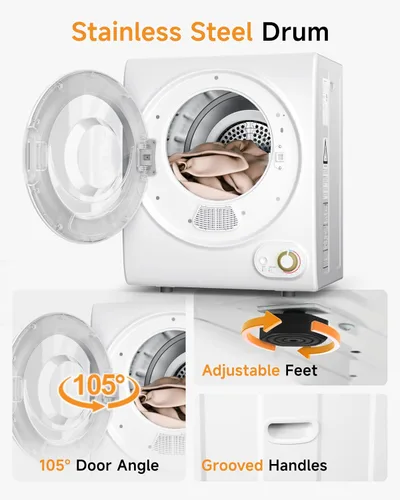 Miniatura 5 de Secadora portátil de 10 libras, 1.5 pies cúbicos, secadora de ropa portátil con control de perilla, tambor de acero inoxidable, tubo de escape