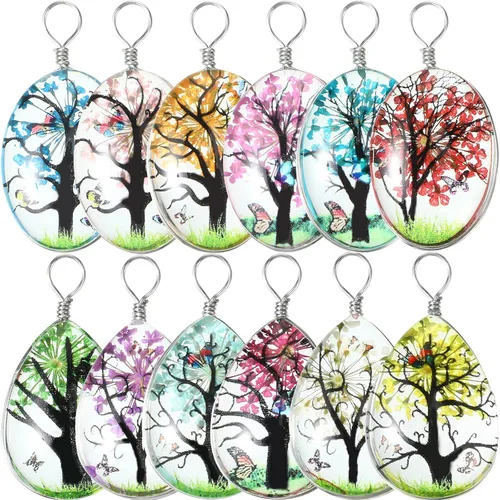 12 colgantes para collares, colgantes grandes de árbol de flores secas, dijes de flores prensadas, cuentas de resina de gota de agua, adornos