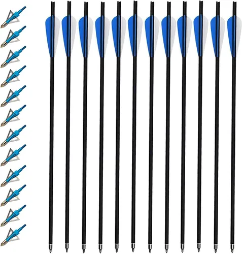 20 Inch Carbon Crossbow Bolts 12 Pack and 12 Pack Hunting Broadheads kit, Carbon Crossbow Arrows for Hunting and Outdoor Practice (Red)