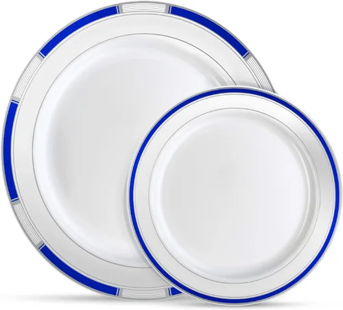 Miniatura 13 de Laura Stein Juego de vajilla de diseñador 32 cuencos de plástico desechables para fiestas, cuenco blanco con borde azul y detalles dorados