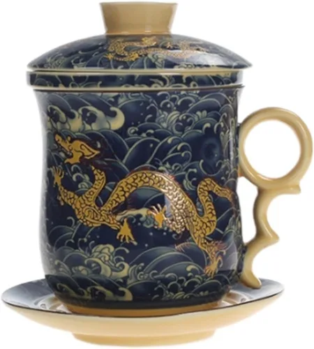 Miniatura 3 de Práctico sistema de preparación de té de hojas sueltas para oficina de viaje, juego de 4 piezas con tapa de taza de té y platillo, flores de peonía