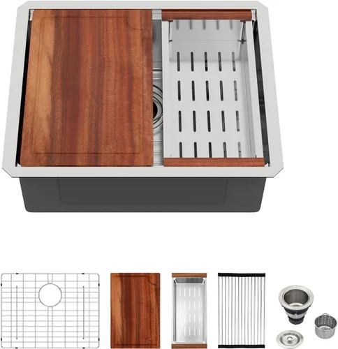 Miniatura 18 de Logmey Fregadero de cocina de montaje inferior de 33 pulgadas 33x19 Fregaderos de acero inoxidable SUS304 calibre 16 hechos a mano de un solo
