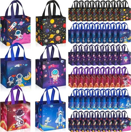 Miniatura 10 de Kigeli 60 bolsas de regalos espaciales de 6 estilos, recuerdos de fiesta espacial, bolsas grandes de regalo no tejidas con asas, bolsa de dulces