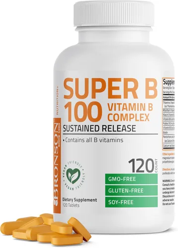 Bronson Super B100 Complejo de Vitamina B de liberación sostenida contiene todas las vitaminas B (vitamina B1, B2, B3, B6, B9 - ácido fólico, B12),