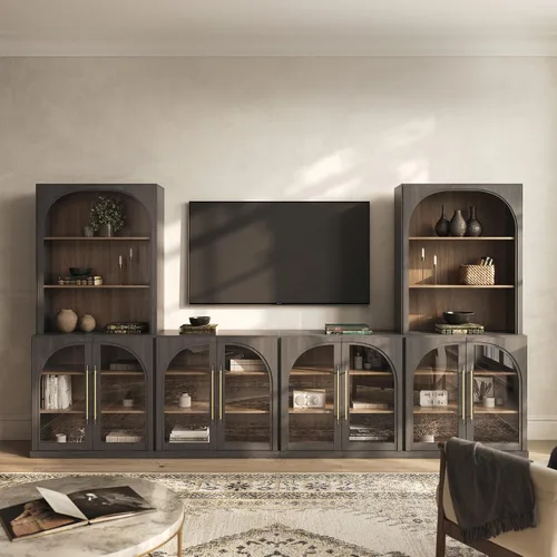 Miniatura 12 de BELLEZE Juego de soporte modular de TV de 4 piezas, centro de entretenimiento moderno con asas anchas de madera, aparadores con estantes ajustables
