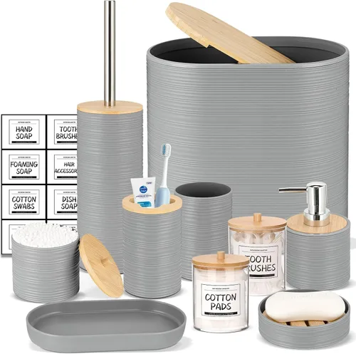 Miniatura 22 de IMAVO Juego de accesorios de baño - Juego de 11 piezas de accesorios de baño beige con cubo de basura, dispensador de jabón, jabonera, soporte