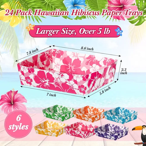 Miniatura 3 de Nitial 24 bandejas de papel de hibisco para fiestas, desechables, barcos de comida para fiestas, decoraciones temáticas hawaianas de 5 libras