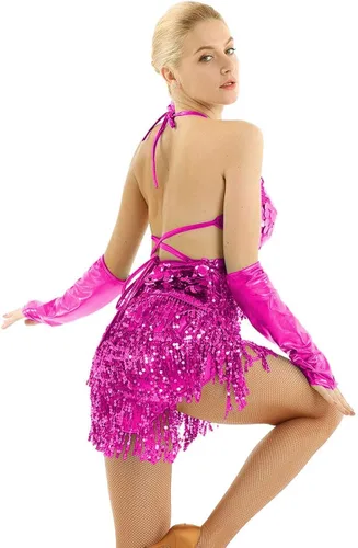 Miniatura 3 de YiZYiF Vestido de baile con cuello halter latino, salsa de tango, bailes y lentejuelas