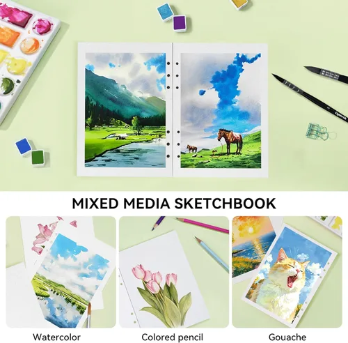 Miniatura 5 de LIGHTWISH Papel para Acuarela a Granel, 100% Algodón Prensado en Frío 600gsm, 2 Paquetes, Total 24 Hojas A5 Con Agujeros Para Perforar Papel