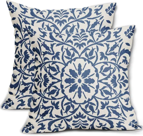 Juego de 2 fundas de almohada étnicas bohemias de color azul claro de 18 x 18 pulgadas, estilo bohemio con estampado de flores vintage, fundas