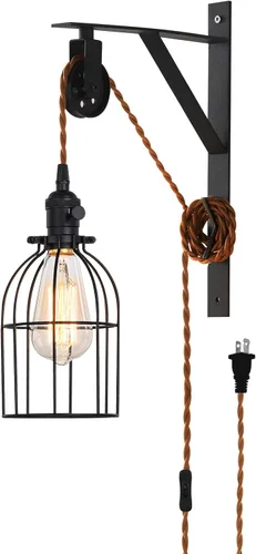 Lámpara colgante enchufable, lámpara de pared con polea de granja con cable e interruptor de enchufe marrón de 7 pies, lámparas colgantes