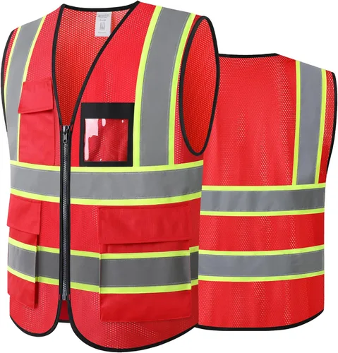 Miniatura 18 de Chaleco de seguridad reflectante de alta visibilidad para hombres y mujeres con bolsillos y cremallera frontal, cumple con los estándares ANSI/ISEA