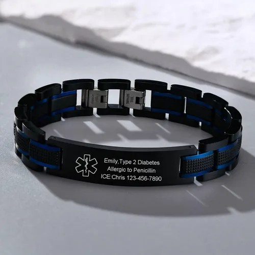 Miniatura 5 de VNOX Pulseras de identificación de alerta médica de emergencia de dos tonos para hombres, esposo, padre