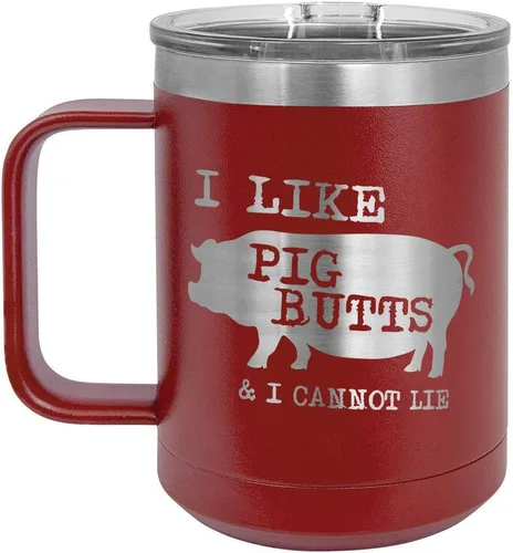 Miniatura 16 de Taza de café con tapa deslizante con texto en inglés "I Like Pig Butts 15 oz" Taza de café de viaje aislada Idea de regalo para barbacoa y Negro